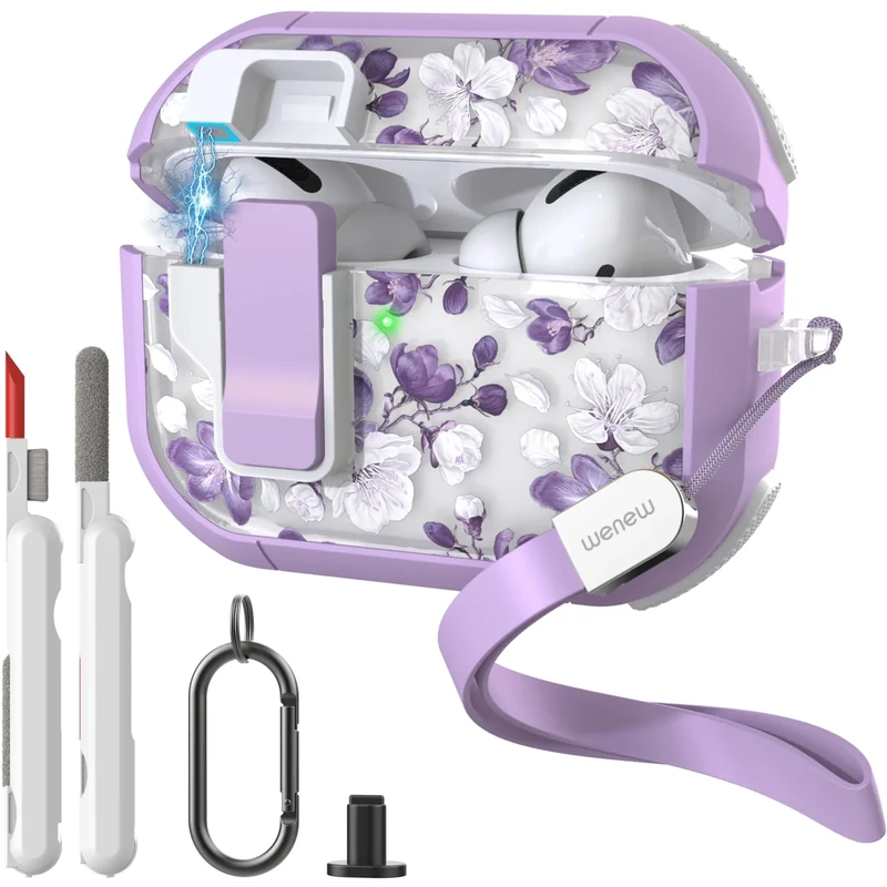 Wenew AirPods Pro & Pro 2 Case - Purple Flower Shell LED Lock