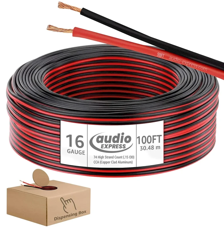 Audio Express 100ft 16-Gauge Audio Stereo Speaker Wire Cable,100 Feet,30.48 Meters,2 Conductor,Flexible Red-Black PVC, CCA, Dispensing Box,Home Theater, HiFi,Auto,Hook-Up,74 High Strand Count (.15 OD)