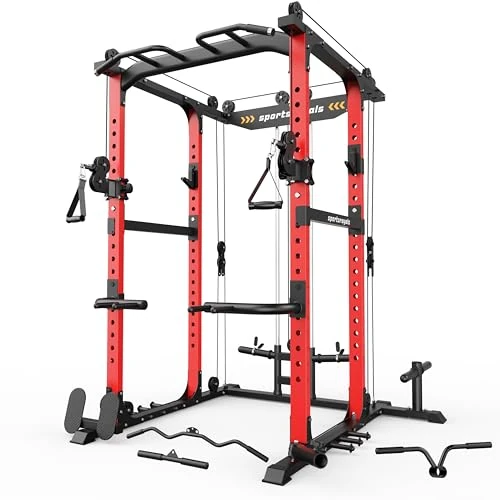Sportsroyals Power Cage 1600lbs Power Rack with Adjustable Cable Crossover, Multi-Function Squat Rack with Pulley System and Training Attachments for Home Gym