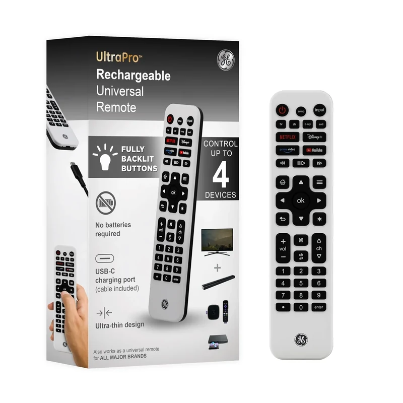 GE Rechargeable TV Remote Control, Universal Remote Control, Backlit Buttons, Samsung TV Remote Control Replacement for Smart TVs, Apple TV, Sony, Roku Replacement Remote, LG TV, 4-Device, 80984