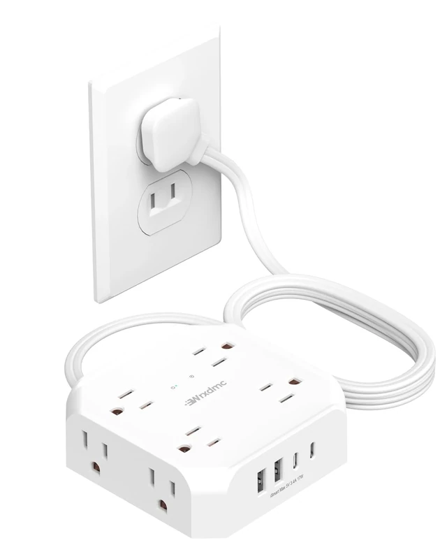 Wrxdmc 2-Prong to 3-Prong Power Strip - 8 Outlets, 4 USB, 1400J, 5ft