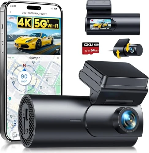 GKU Dual 4K/1080P Dash Cam Front & Rear - 170 Wide WiFi GPS 64GB