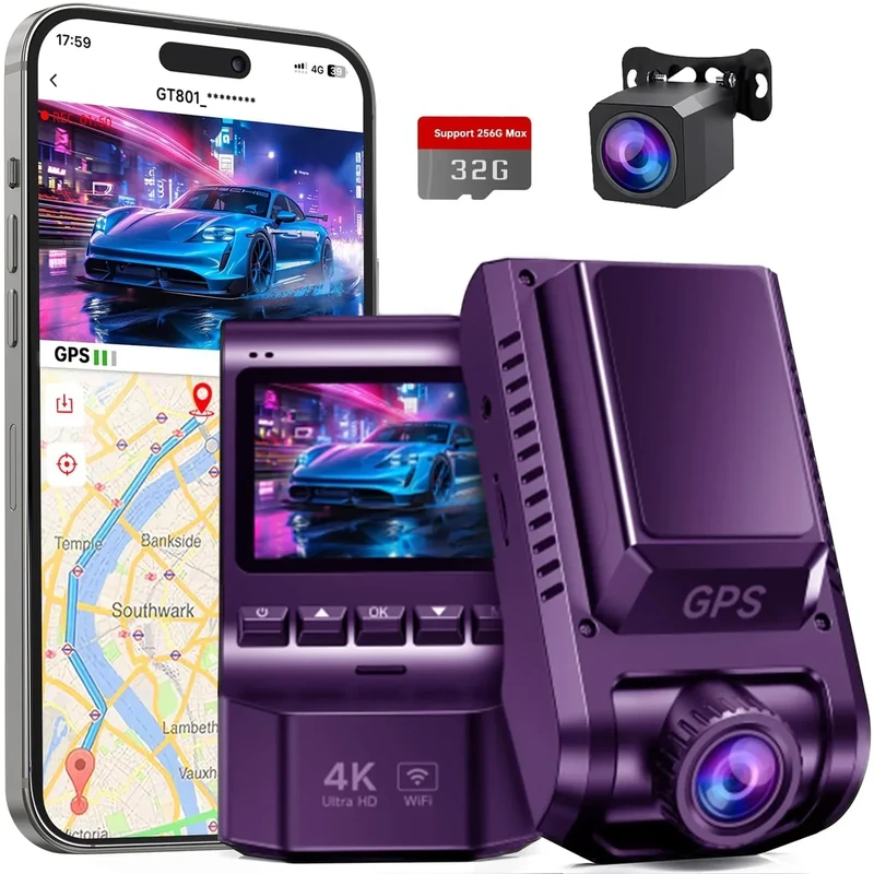 ecomoment 4K Front/Rear Dash Cam - WiFi GPS, 2.0" Screen, 32GB Card