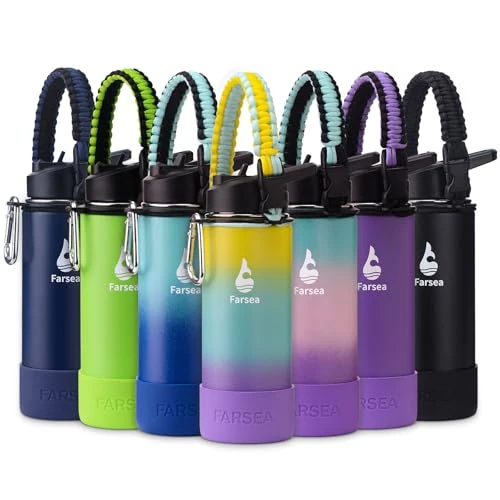 Farsea Insulated Water Bottle With Paracord Handle, Protective Boot and 2 Lids (Straw Lid & Spout Lid), Stainless Steel Water Bottle Wide Mouth, Double Wall Sweat-Proof BPA-Free, 18 oz