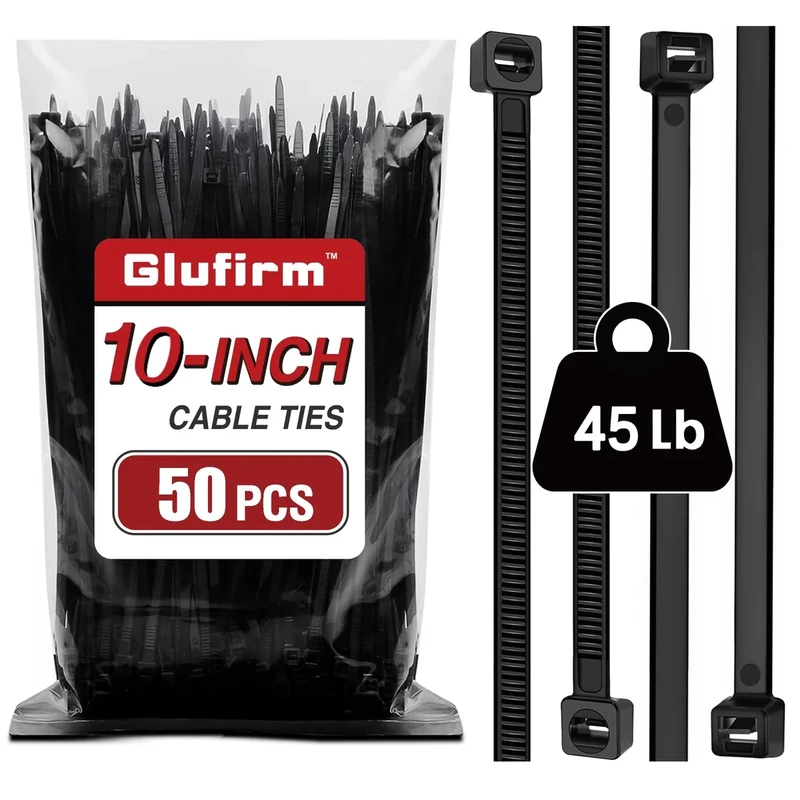 Glufirm 10in Zip Ties - 50 Pack, Black, 45lb Tensile Strength