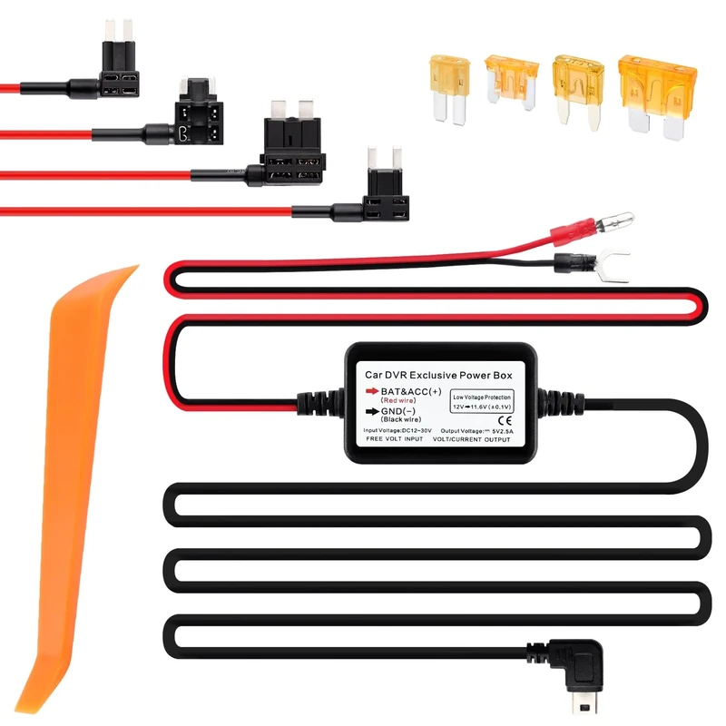 9.68Ft Mini USB Dash Cam Hardwire Kit - 12V-30V to 5V 2.5A Car Dash Camera Charger Power Supply+4PCS 16AMG Car Fuse Tap&4PCS 5A Blade Fuse for Most Car Dash Camera (Mini USB)