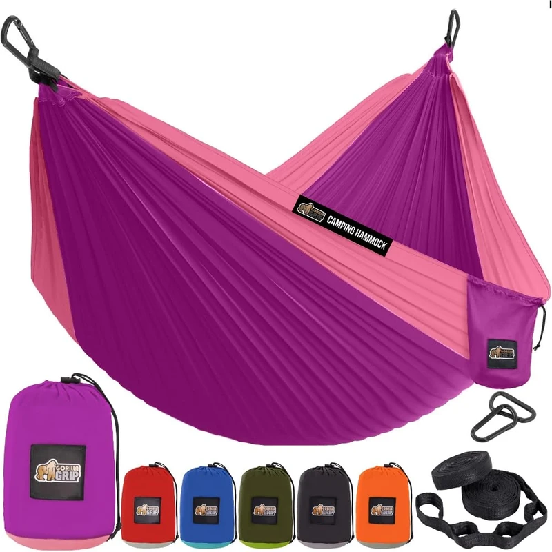 GORILLA GRIP Durable Camping Hammock with Heavy Duty Tree Straps, Portable Hammocks for Outside, Easy to Use Travel Swing Chair, Outdoor Camper Hiker Essentials, Backpacking Gear Gifts, Single, Purple