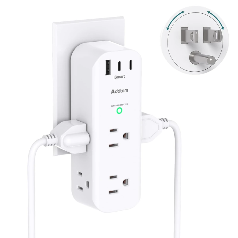 Addtam 9-in-1 Wall Outlet Extender - 6 AC, 3 USB (2 C), 1800J Surge