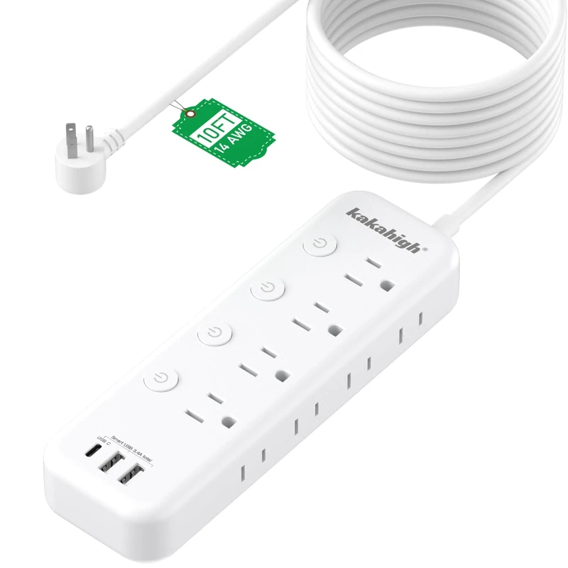 Kakahigh 10FT Extension Cord - 8 Outlets, 3 USB, Switches, 1875W