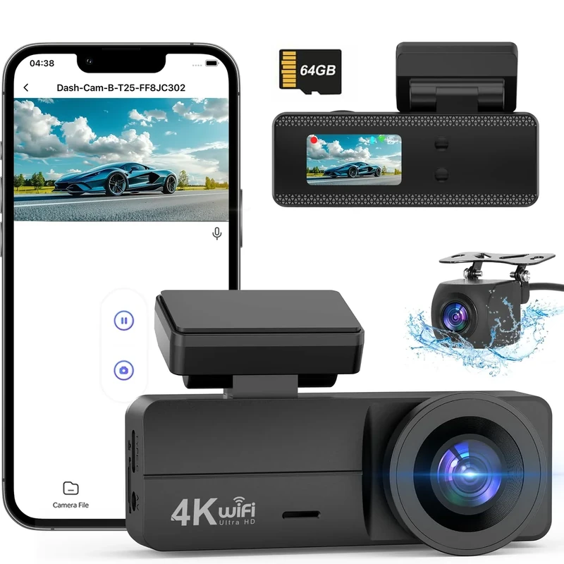 4K Dash Cam Front and Rear, WiFi Dash Cam with 64GB Card, 4K+1080P Dash Camera for Cars, WiFi Car Camera with App Control, 1.47" Screen DashCam with 24H Parking Monitor,G-Sensor