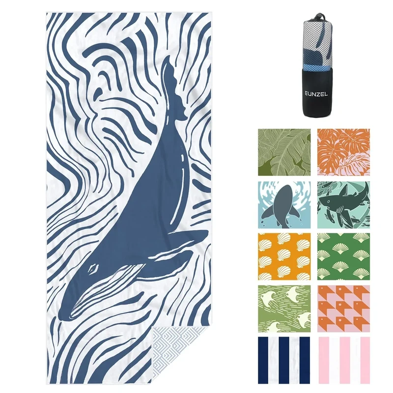 Eunzel Microfiber Beach Towel, Quick Dry Travel Towel Large Sand Free Towel for Beach, Camping, Swim Pool, Gym, Sports& Yoga 71"x32", Whale Blue