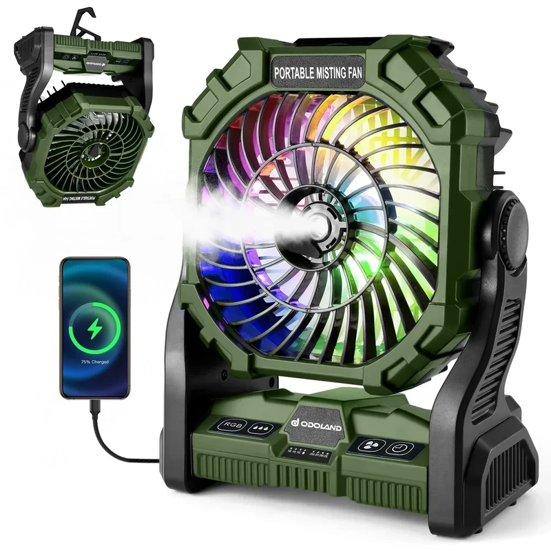 Odoland Portable LED Lantern with Fan, 15000mAh Battery Operated Rechargeable Camping Light Misting Fan with 250mL Water Tank, Hook, Outdoor Tent Cooling Fans for Patios Beach Travel Summer, Green