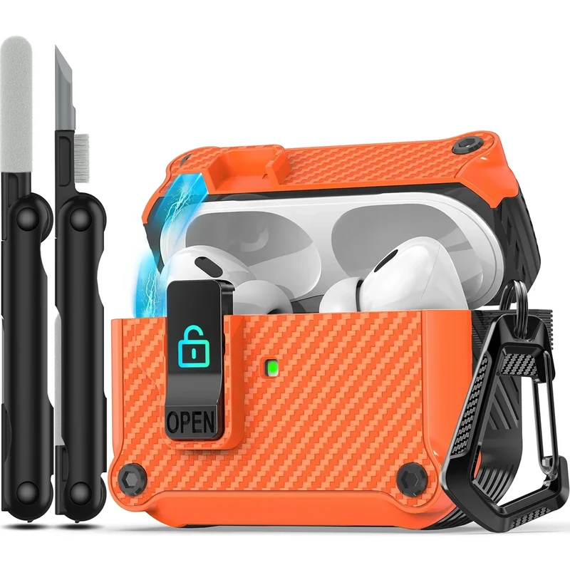 RFUNGUANGO Orange AirPods Pro 2 Case - Lock Clip & Auto Pop-up
