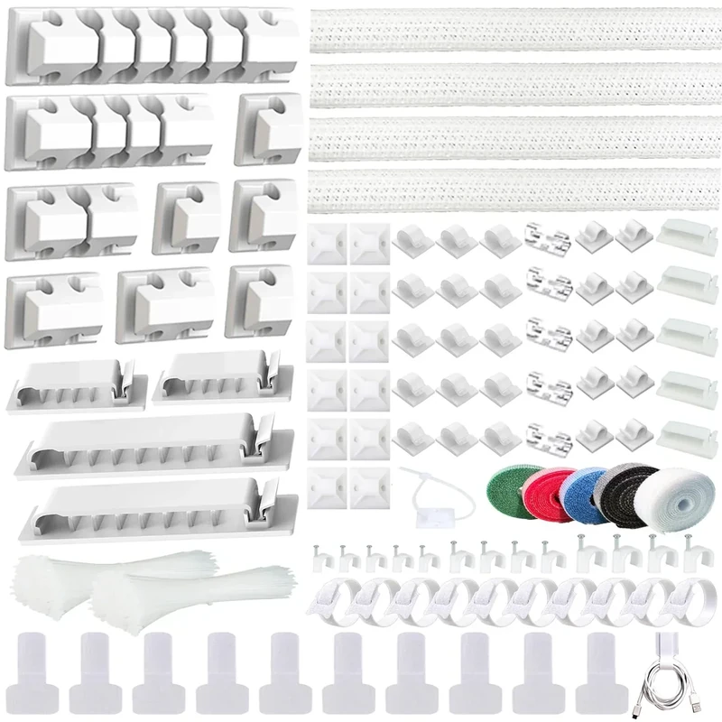 ELII 327PCS White Cable Management Kit 4 Cable Cable Sleeves, 65 Cable Clips with 13Cord Holders,20+5Roll Cable Organizer Straps,200 Fastening Cable Ties,20 Cable Zip Tie Mounts for Computer (White)
