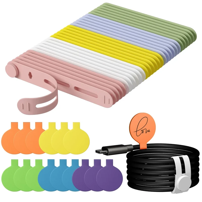 45Pcs Nearockle Cable Labels and Silicone Cable Ties Value Cable Management Set, 30 Cable Ties+15 Cord Labels for Electronics, Travel Home Office Desk Wire Organization(Multicolor)