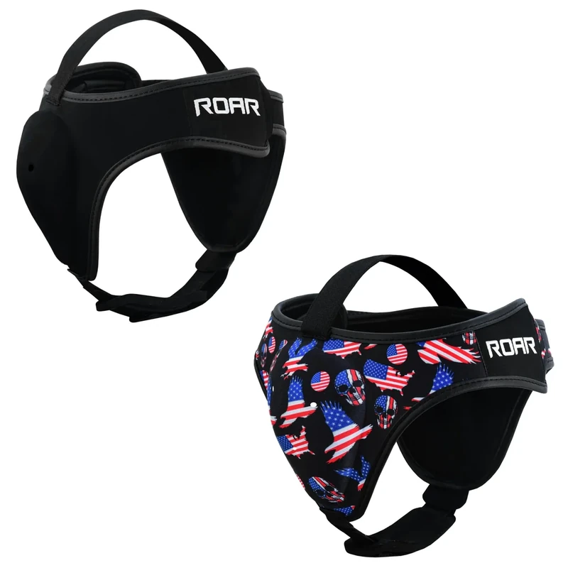 ROAR-INT Wrestling Headgear Men BJJ Ear Guard Protection MMA Grappling Cauliflower Helmet (Black+American Flag (Pack-2), One-Size)