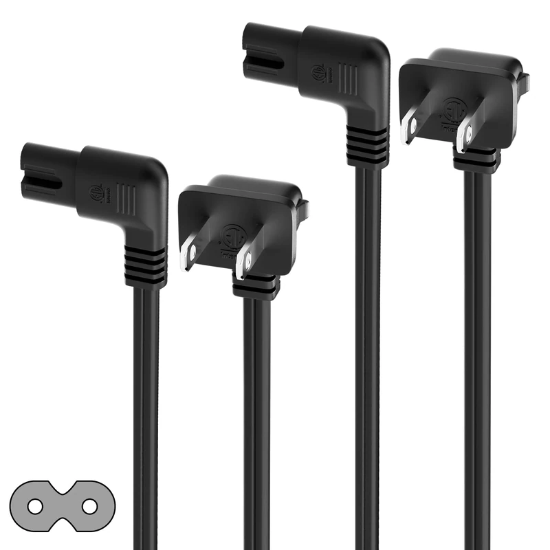 Angled 2-Slot Non-Polarized Angle Power Cord 4 FT (2-Pack), 90 Degree L-Shaped TV Power Cord, IEC320 C7 to NEMA 1-15P, 2 Prong Replacement Cable, Figure 8, Black, 2 Pack