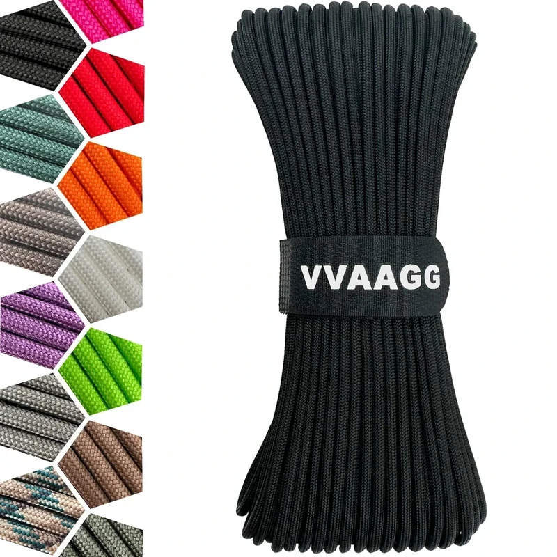 VVAAGG 1000 Black Paracord Rope, 50ft 12 Strand Parachute Cord for Crafting, DIY Projects, Survival Bracelets, Camping, Tent, Clothsline, Outdoor Hiking, Fishing (Black, 50FT)