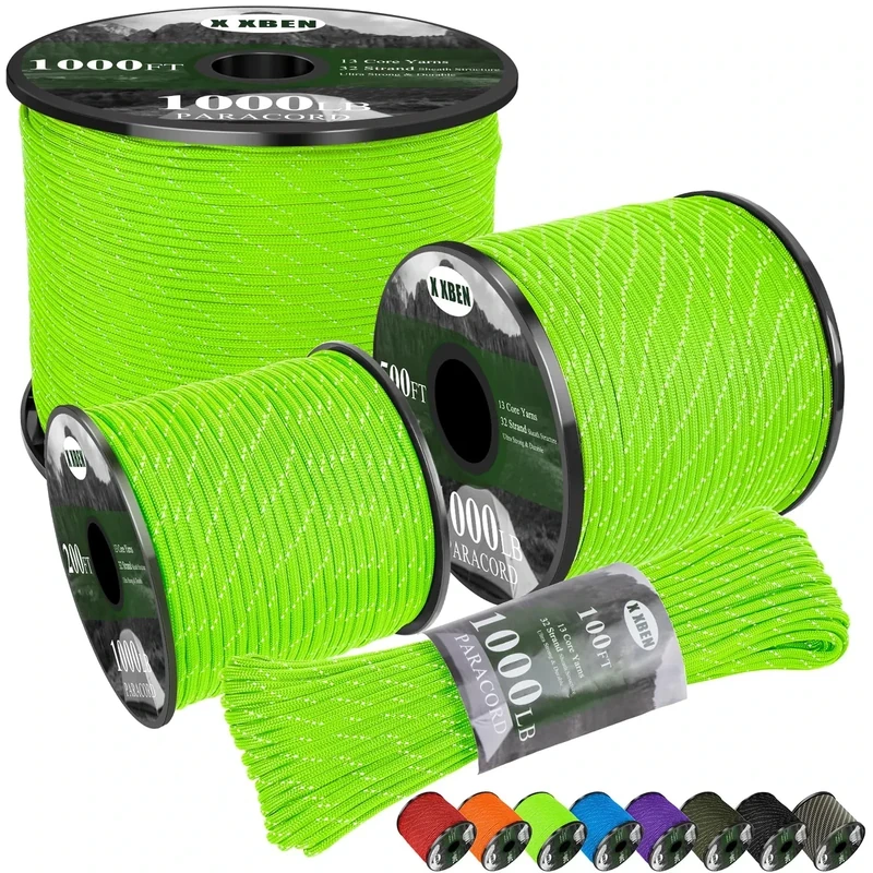 X XBEN Paracord Reflective 1000lb, 50/100/200/500/1000ft 4mm, 13 Strand Parachute Spool Cord, Survival Rope for Camping, Fishing, Hiking, Tent, Clothesline, DIY Crafts & Survival Bracelet, Neon Green