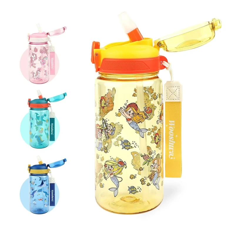 wooshwa Kids Water Bottle for School or Travel, 20 Oz Durable Plastic Water Bottle with Silicone Straw and Pop-Up Spout Cover, BPA Free & Dishwasher Safe(Mermaid)
