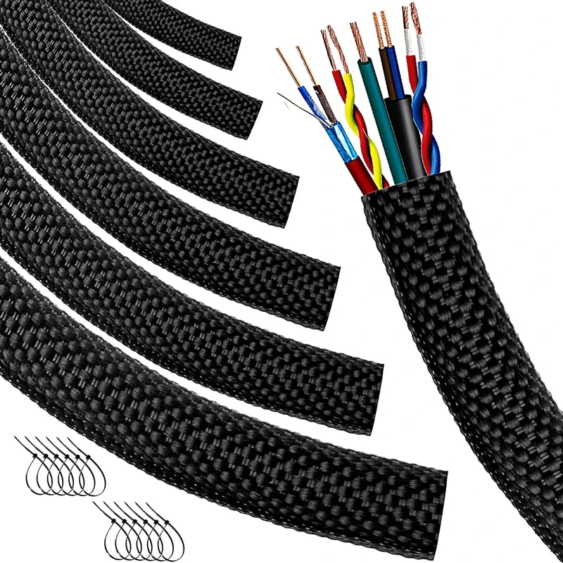 Automotive Wire Loom High Temperature Braided Wraps, Split-Sleeve Heat Resistant Wiring Tubing Cord Cover for Harness Wires, Self-Wrapping Heavy Duty Sheathing Cable Management Black（16ft-1/2inch ）