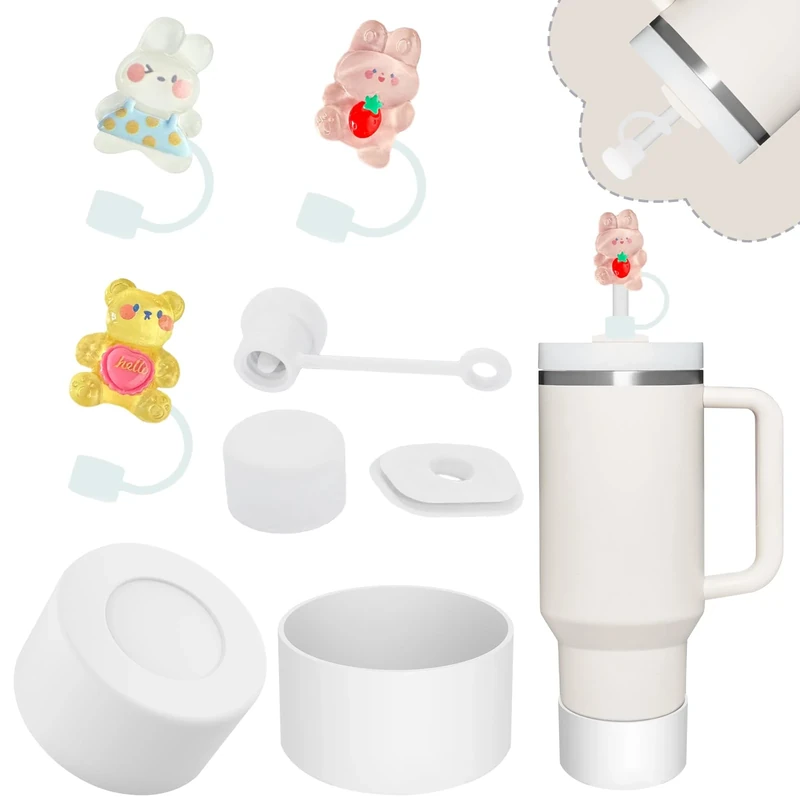 Stanley Cup Accessories Set,Including 3 Pcs 0.4in Cute Animal Straw Cover, 1 Silicone Spill-Proof Stopper Set of 3, and 1 Silicone Boot Fits Stanley 40&30 Oz Tumbler (White)