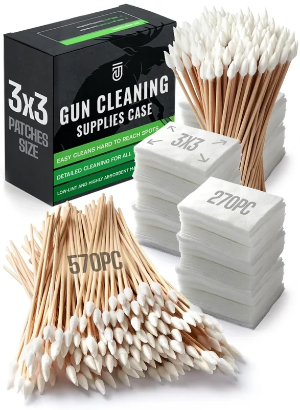 840pc Gun Cleaning Supplies Case - 270pcs Gun Cleaning Patches and 570pcs Gun Cleaning Swabs - 6-inch Gun Swabs Lint Free, 3x3 Inch Highly Absorbent Gun Patches - Gun Cleaning Kit Supplies