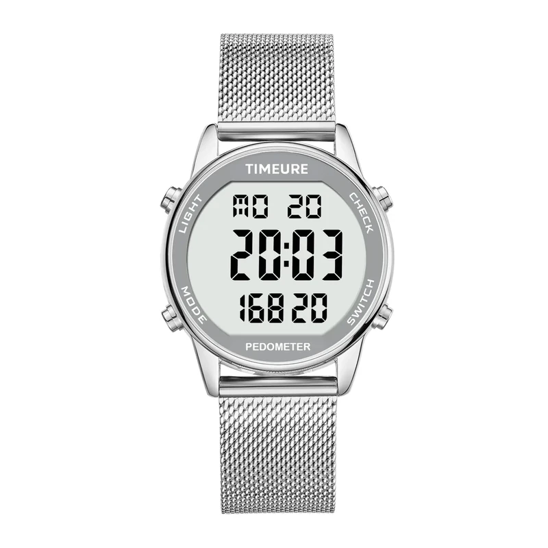 TIMEURE Women's Step Counter Watch with Stainless Steel Bracelet, Stylish Design, No App, No Charging Needed for Step, Calorie, Distance Tracking, Alarm, Countdown Timer，TU-2401 (SR), Silver