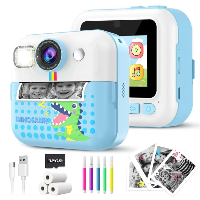 TKECWOB Kids Instant Print Camera - 1080P, 32GB SD, Ages 3-8 Blue