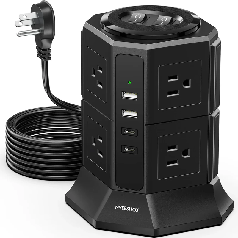 NVEESHOX Surge Protector Tower - 8 AC Outlets, 4 USB (2 C), 6.5ft Flat Cord