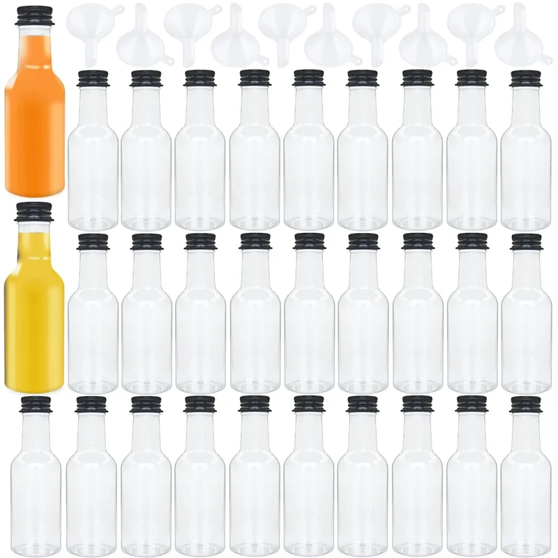 30 Pack 1.7oz Mini Liquor Bottles with Black Cap,Plastic Alcohol Bottles with 10 Funnels,Airtight Plastic Spirit Bottle for Weddings,Party Supplies