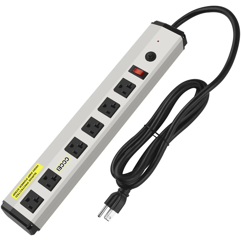 CCCEI Heavy Duty Power Strip Surge Protector 20 Amp, High Amp Industrial Shop Garage Metal Multiple Outlets, 4 FT 12 Gauge 5-15P Extension Cord 6 Outlet 6-20R T-Slot 20a for Appliance.