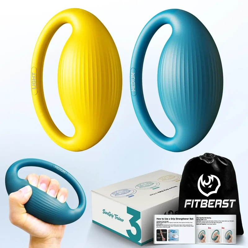 FitBeast Hand Exercise Balls - 2 Resistance Levels Stress Balls for Adults, Squeeze Balls for Hand Therapy, Rehabilitation, Arthritis, Muscle Building (2 Piece Set -Yellow Teal)