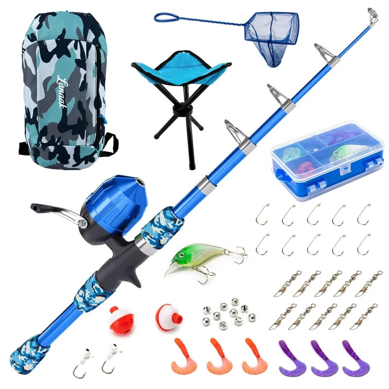 Lanaak Kids Beginner's Fishing Pole and Tackle Box - with All New Kids Camo Back-Pack, Net, Reel and Beginner’s Guide - Rod and Reel Kit for Boys, Girls, or Youth (Camo Blue)