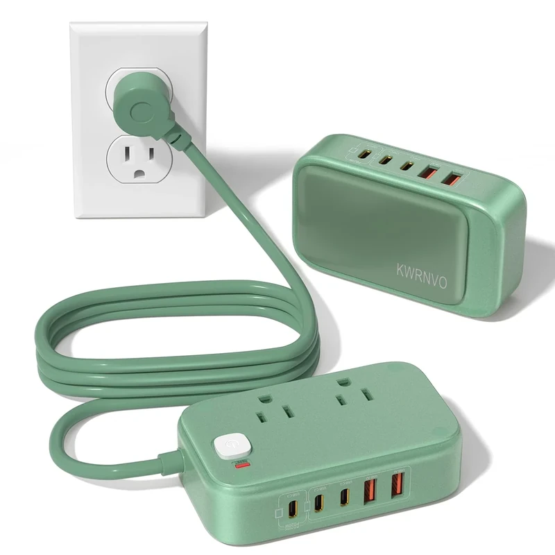 KWRNVO 5FT USB Charging Station with Outlets, Flat USB C Travel Power Strip PD 20W Charger with 2500W AC Outlets, 3 USB-C Ports, 2 USB-A Ports Extension Cord for Home/Office/Travel