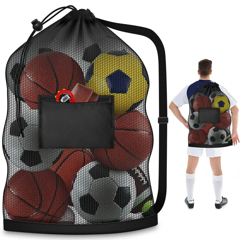 Hoiny 2 Pcs Extra Large Mesh Ball Bag, Heavy Duty Drawstring Storage Bag, Hold 8-10 Soccer Basketball Volleyball, Sports Equipment Sack Net Bags with Shoulder Strap and Pocket for Coaches, 24" x 36"