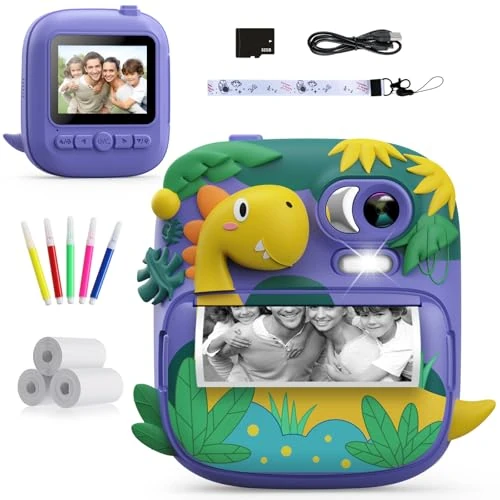 Kids Camera Instant Print, CAMCLID 2.4 Inch Screen Camera for Kids Dinosaur Children Digital Camera with 32GB Card & 3 Rolls Paper, Christmas Birthday Gift Toys for Boys Girls 3-12 Age