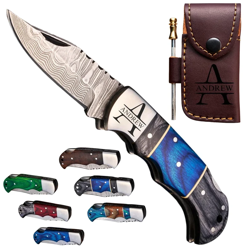 Personalized Handmade Damascus Pocket Knife - Folding Knives for Men with Wood Handle, Wedding, Anniversary, Boyfriend, Dad, Husband, Father, Groomsmen, Best Man Gift, Grandpa, Retirement Gift for Him