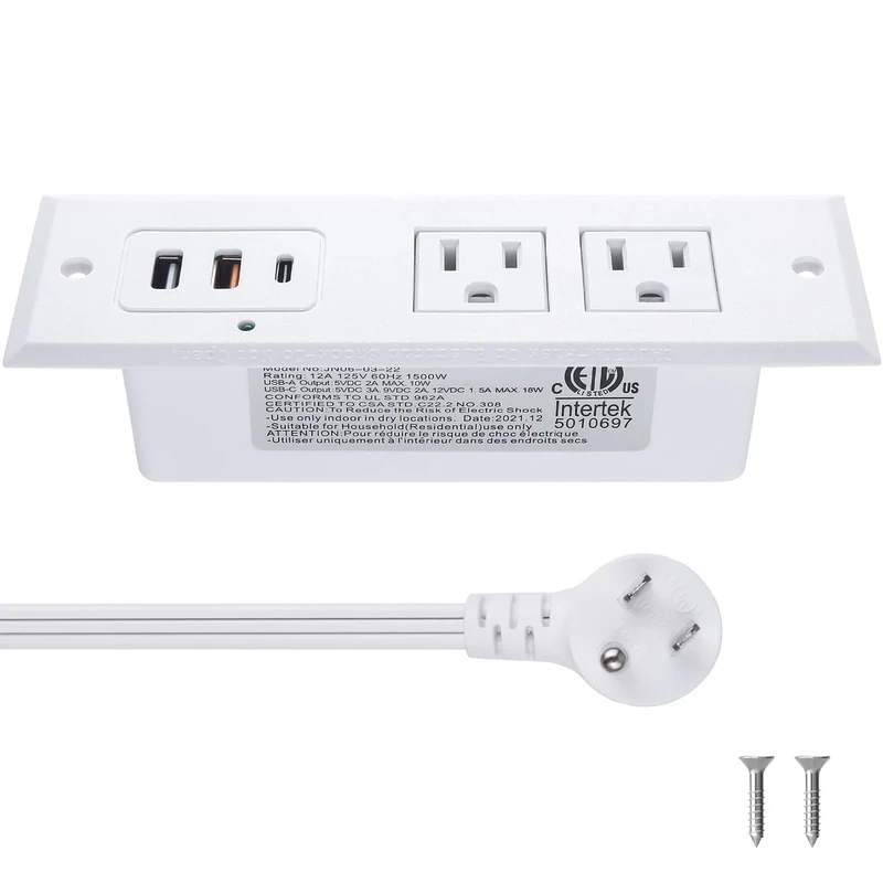 CCCEI Recessed Power Strip - 45W USB-C, USB-A, 6ft Flat Plug, White
