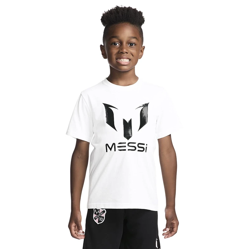 Messi Boys' Lifestyle Short Sleeve T-Shirt, Slim-fit Graphic Tee, Cotton Blend Fabric, Bright White, 5