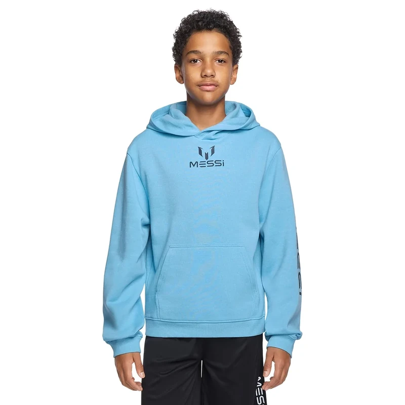 Messi Boys' Long Sleeve, Standard Fit Hoodie Sweatshirt, Comfortable Fleece, LOGO HOODIE - Air Blue, 10-12