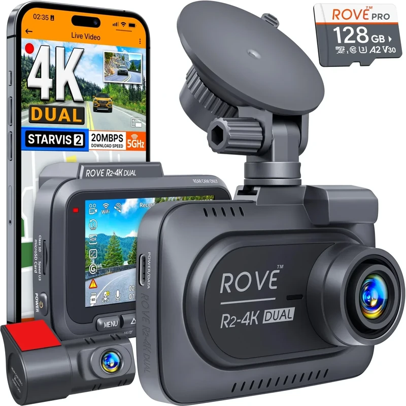 ROVE R2-4K Dual Dash Cam - 4K Front/1080P Rear, 128GB Card, 5G WiFi