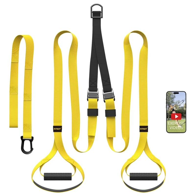 FITKIT Suspension Bodyweight Fitness Training Kit with Integrated Door Anchor, Full Body Workouts Home Gym Resistance Trainer Straps for Total Body Workouts (Yellow)
