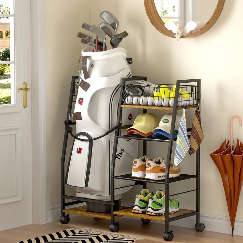 DAOUTIME Golf Bag Garage Storage Rack with Wheels, Organizer for Single Golf Bag and Equipment Accessories, Ideal for Home, Garage, Club, Shed, Basement - Sturdy Wood and Metal Construction (Black)