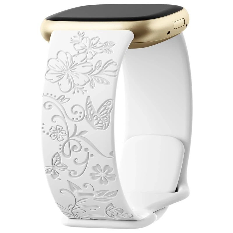 Getino Engraved Band Compatible with Fitbit Versa 4 & Sense 2, Soft Floral Pattern Sport Accessories for Women, White