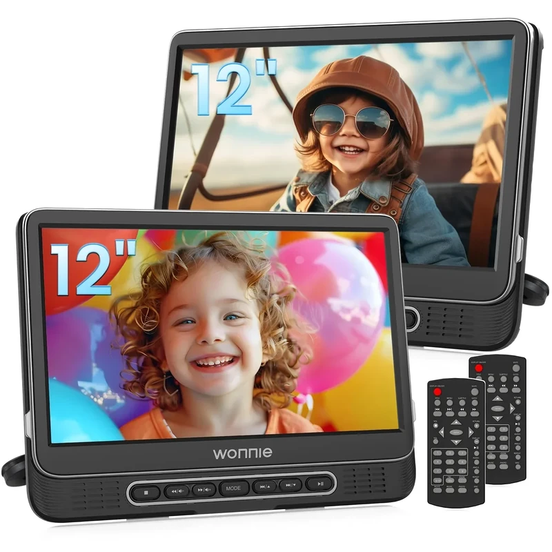WONNIE 12" Dual Car DVD Players - 5hr Battery, All Region, USB/Sync TV