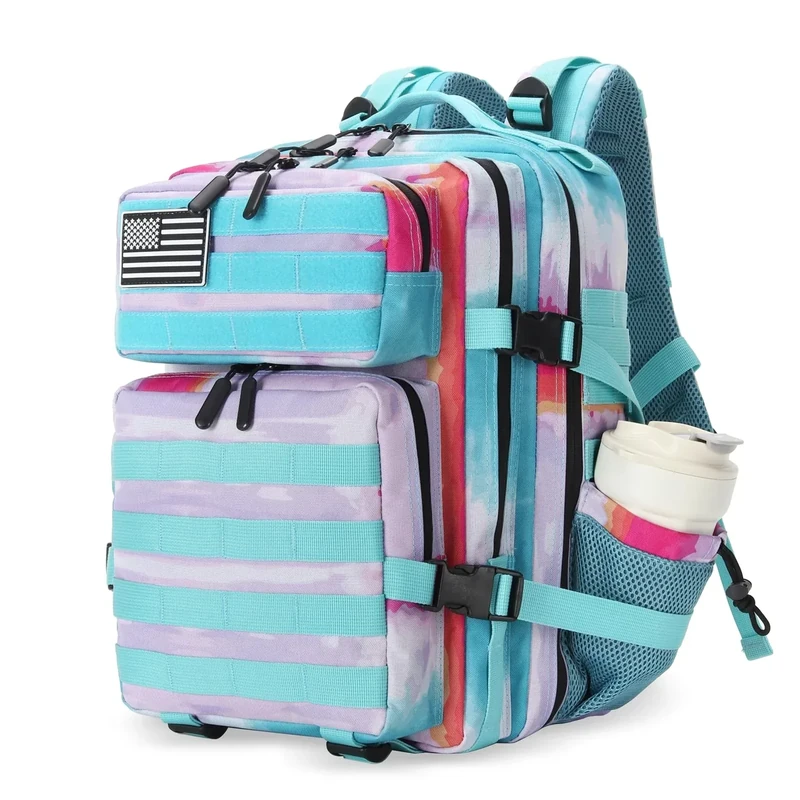 Lovelinks21 25L Tactical Military Backpack Small Travel Backpack for Men and Women Assault Pack Bug Out Bag Molle Daypack Gym Backpack with Bottle Holder (Rainbow Tie Dye)