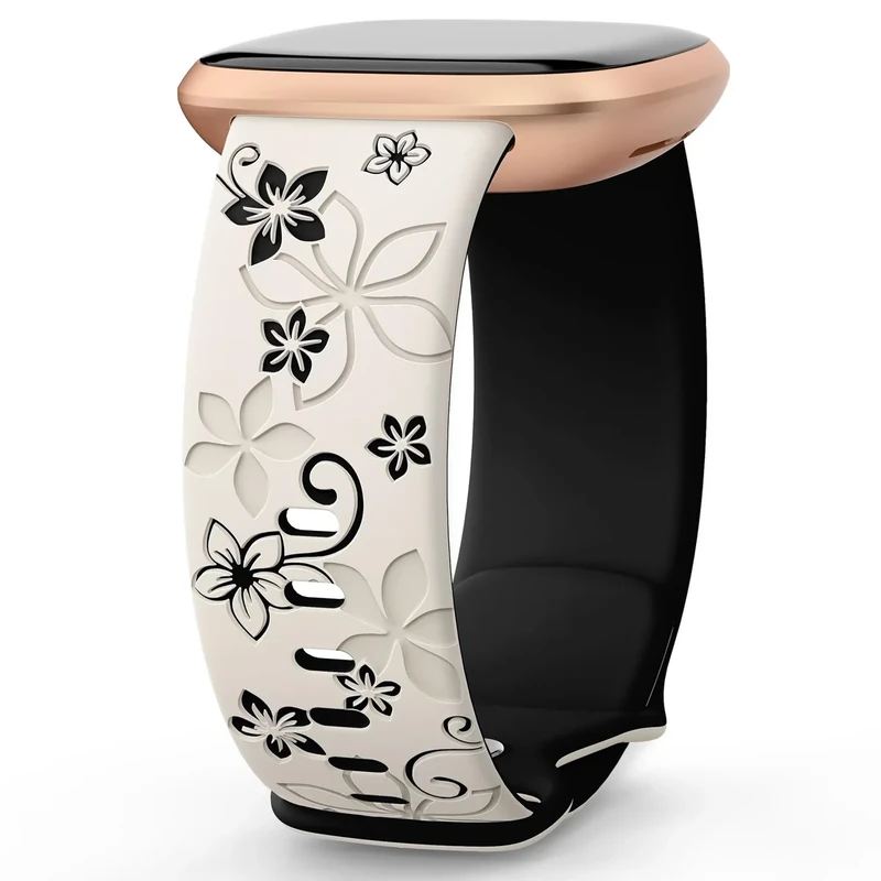 OHOTLOVE Floral Engraved Bands Compatible for Fitbit Sense & Versa 3/4, Soft Cute Two-Tone Flower Sport Watch Strap Replacement Wristbands