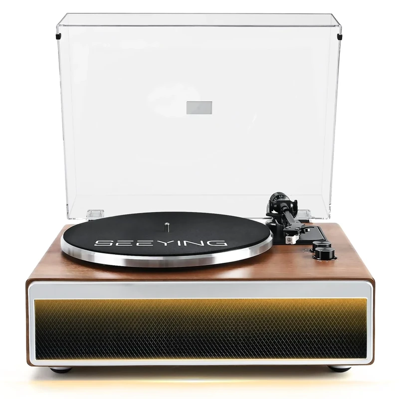 SeeYing Vinyl Record Player with Built in HiFi Speakers, Bluetooth Belt Drive Turntable for Vinyl Records with Magnetic Cartridge, Auto Stop and Warm Light Design
