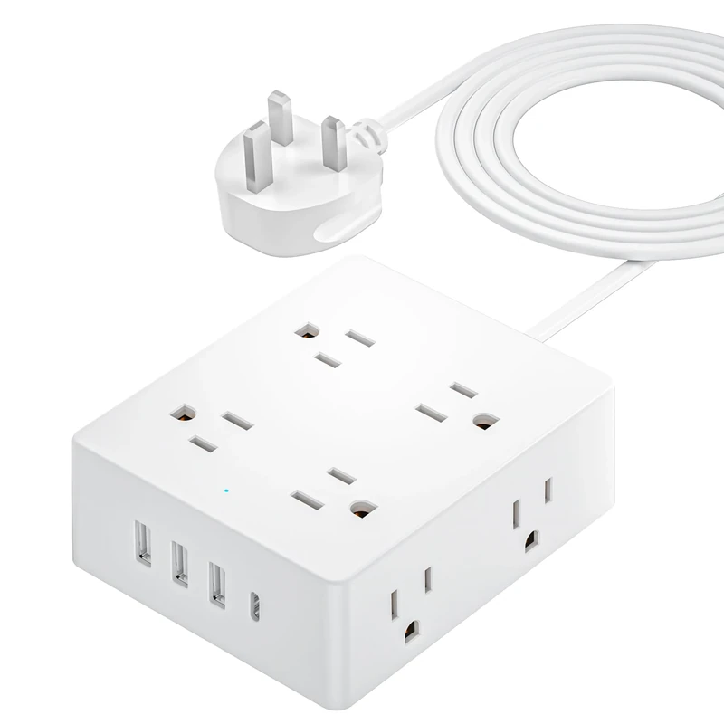 Olcorife UK Travel Power Strip - 8 Outlets, 3 USB-A & 1 USB-C, 5ft Cord